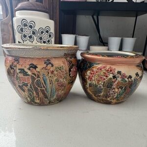 Satsuma Vintage  Asian ceramic Hand painted Vase pot Bowl Planter set of 2